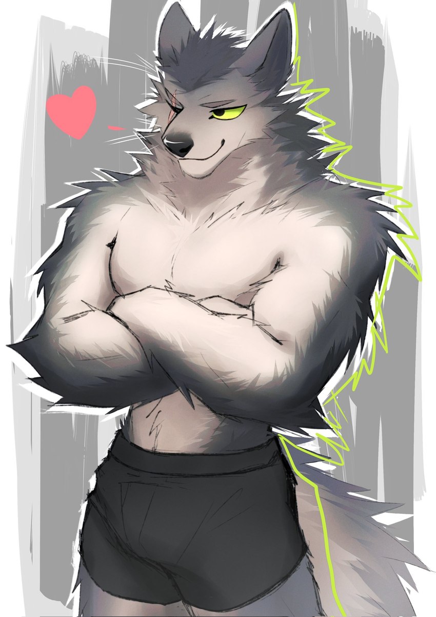 abstract_background anthro biped black_boxer_briefs black_clothing black_underwear boxer_briefs brown_body brown_fur clothed clothing eye_scar facial_scar fluffy fluffy_tail fur green_sclera heart_symbol male male_anthro muscular muscular_anthro muscular_male nipples one_eye_closed pecs scar smile solo standing tail tan_body tan_fur topless topless_anthro topless_male underwear underwear_only whiskers white_body white_fur white_whiskers kojiray canid canine canis mammal wolf digital_media_(artwork) hi_res portrait three-quarter_portrait