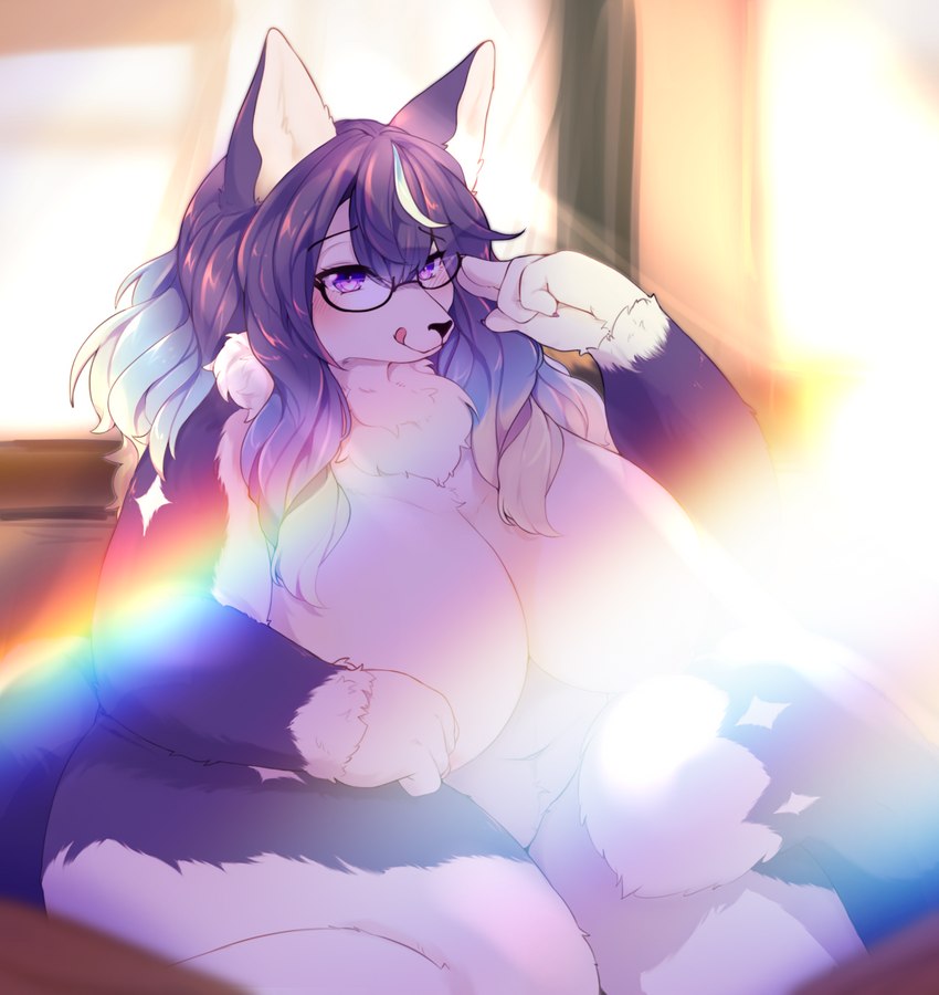 anthro big_breasts breasts convenient_censorship eyewear featureless_breasts female fur glasses hair huge_breasts inside kneeling lens_flare light_censorship neck_tuft nude overweight overweight_female purple_body purple_eyes purple_fur purple_hair smile solo tongue tongue_out tuft white_body white_fur l3landbunny7 lifewonders tokyo_afterschool_summoners hekate_(tas) canid canine canis mammal wolf hi_res