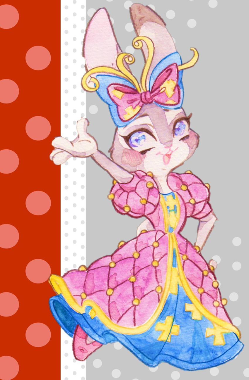 alternative_fashion anthro blush bow_ribbon clothed clothing dress fully_clothed hime_lolita j-fashion lolita_(fashion) open_mouth open_smile smile solo strawberry628_(artist) disney zootopia judy_hopps lagomorph leporid mammal rabbit 2020 hi_res painting_(artwork) traditional_media_(artwork) watercolor_(artwork)