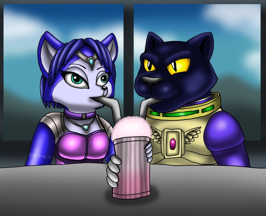 anthro beverage clothed clothing cloud date derp_eyes duo female furniture grin male male/female milkshake mountain sky smile table vixdojofox nintendo star_fox krystal_(star_fox) panther_caroso canid canine felid feline fox mammal pantherine true_fox