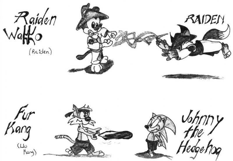 anthro group male parody simple_background tail white_background animaniacs mortal_kombat sega sonic_the_hedgehog_(series) sonic_x warner_brothers johnny_cage lui_kang raiden_(mortal_kombat) sonic_the_hedgehog wakko_warner canid canine domestic_cat eulipotyphlan felid feline felis fox hedgehog inkblot mammal crossover greyscale monochrome