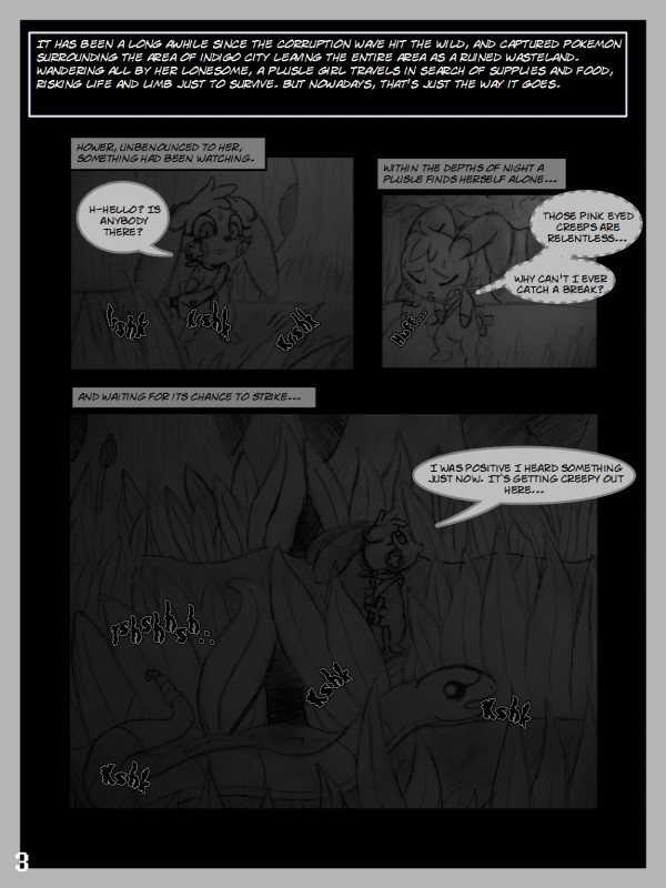 anthro border dialogue fan_comic female feral garden_of_eden greeting grey_border male rattle_(anatomy) scared semi-anthro text young bluebean nintendo pokemon ekans generation_1_pokemon generation_3_pokemon mammal plusle pokemon_(species) comic english_text greyscale hi_res monochrome