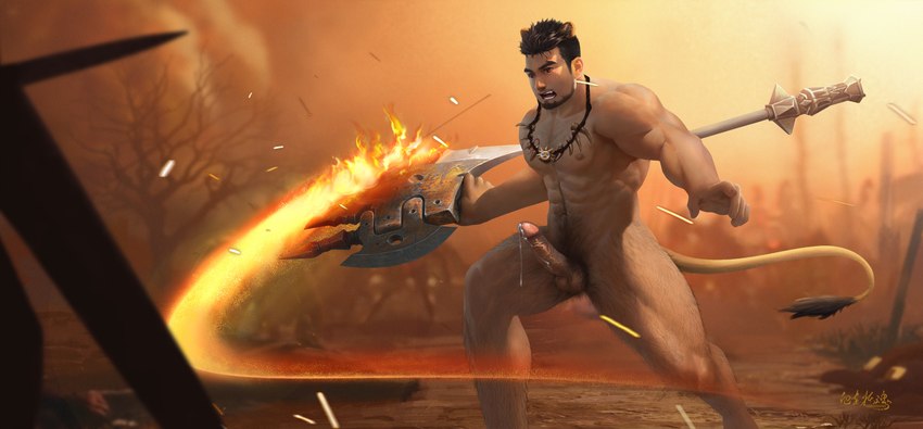 abs armor axe balls beard black_hair bodily_fluids boots breechcloth burned_tree clothing cum cum_string erection facial_hair faulds fire footwear genital_fluids genitals hair holding_axe holding_object humanoid_genitalia humanoid_penis jewelry leaking_cum male muscular muscular_humanoid muscular_male muscular_thighs necklace necklace_only nipples nude outside pecs penis shoes smoke solo spaulder tail tail_tuft text tuft vambrace thebloodsouls alcander_(wakatanka4) haze animal_humanoid felid felid_humanoid humanoid lion_humanoid mammal mammal_humanoid pantherine pantherine_humanoid 2020 absurd_res artist_name chinese_text hi_res