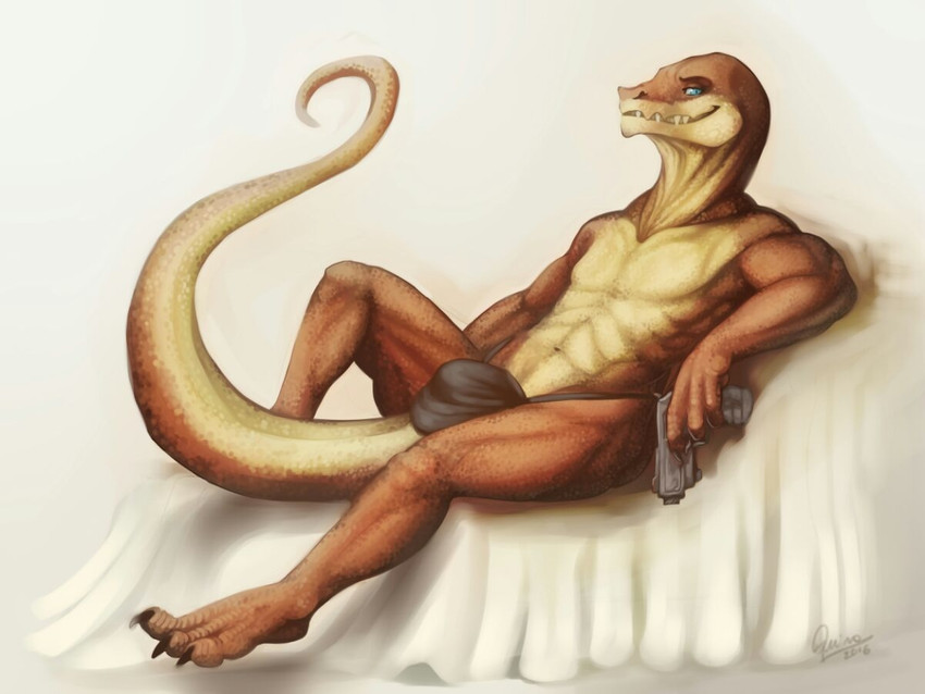 anthro bulge clothing fangs grimace grin gun male ranged_weapon serpntine smile solo teeth thong underwear weapon quirachen crius reptile scalie snake 4:3