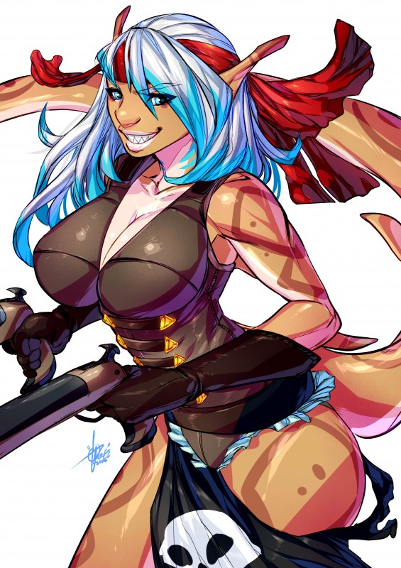 anthro big_breasts blue_eyes blue_hair breasts brown_body brown_skin cleavage clothed clothing fangs female gloves gun hair handwear humanoid_face kerchief lips long_hair looking_at_viewer non-mammal_breasts ranged_weapon simple_background smile solo teeth weapon white_background white_body white_hair white_skin xdtopsu01 fish marine shark 2016 absurd_res hi_res