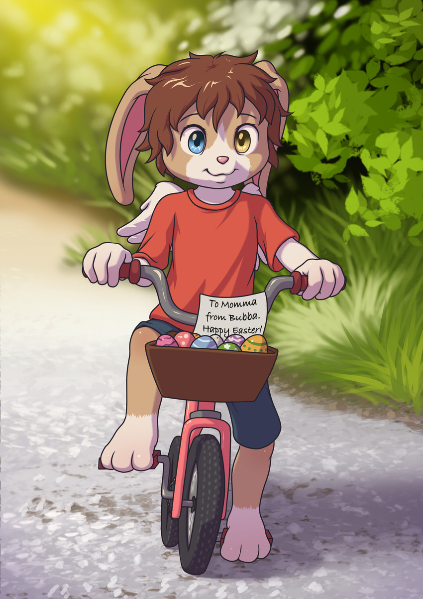 anthro barefoot bicycle biped blue_eyes brown_hair clothed clothing countershade_face countershade_torso countershading day easter_egg eyebrows feet floppy_ears front_view green_eyes hair heterochromia holidays leg_markings male markings multicolored_body outside pink_nose plantigrade red_clothing red_shirt red_topwear riding shirt short_hair socks_(marking) solo tan_body text topwear two_tone_body vehicle white_body white_countershading white_markings young young_anthro young_male minum easter lagomorph leporid mammal rabbit 2025 absurd_res english_text hi_res