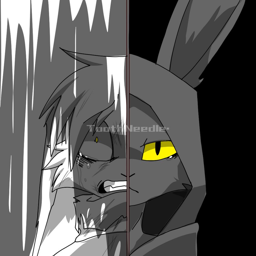 bodily_fluids cheek_tuft clenched_teeth clothed clothing crying facial_tuft fur grey_body grey_fur hair hood pupils scared scarf slit_pupils split_screen tears teeth tuft upset yellow_eyes toothneedle sorel lagomorph leporid mammal rabbit 1:1 bust_portrait cel_shading digital_drawing_(artwork) digital_media_(artwork) grey_theme portrait shaded spot_color watermark