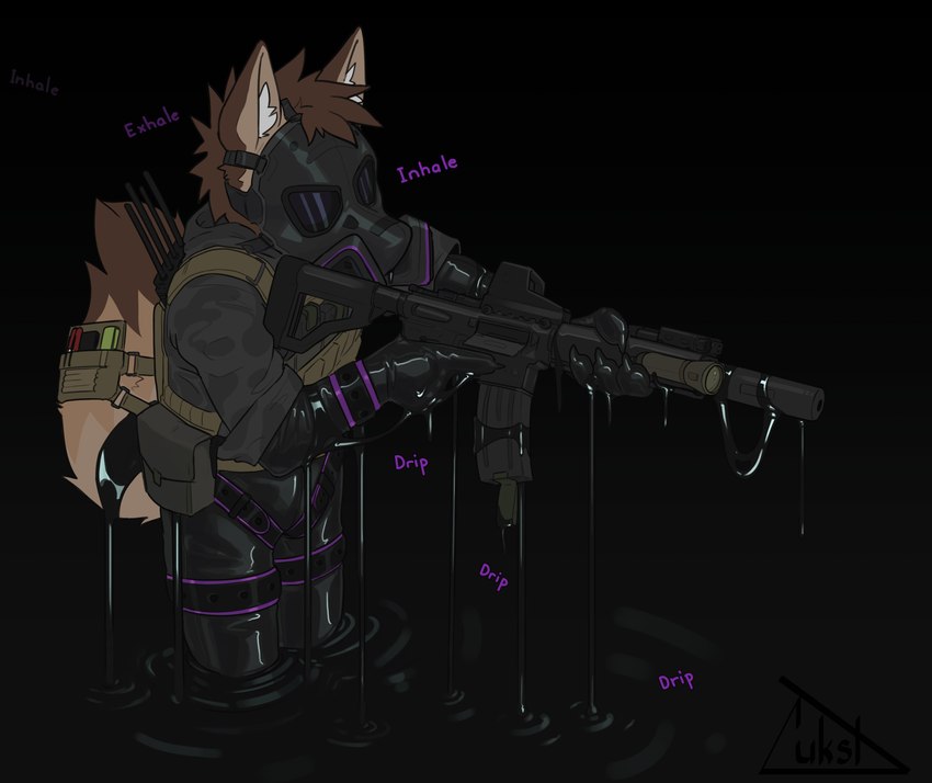 ar_platform assault_rifle black_background black_goo bulletproof_vest clothed clothing gas_mask gun holding_gun holding_object holding_ranged_weapon holding_weapon male mask military ranged_weapon rifle silencer simple_background solo tactical_gear trigger_discipline weapon lukst canid canine mammal absurd_res hi_res