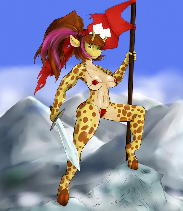 anthro bikini breasts clothed clothing female flag hair melee_weapon solo swimwear swiss_flag sword two-piece_swimsuit weapon duplicitousmachine hippik celine_louison giraffe giraffid mammal absurd_res hi_res huge_filesize