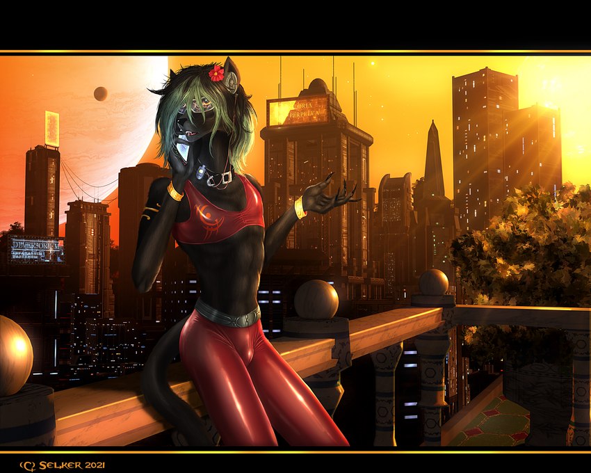 anthro city clothing femboy flower latex male plant solo tight_clothing selker selker_ari felid feline mammal pantherine 5:4 hi_res