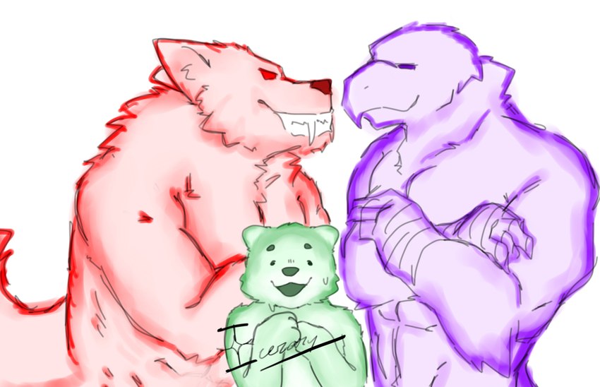 anthro bodily_fluids crossed_arms fangs glaring_at_another grin group larger_male male male/male muscular narrowed_eyes nervous_smile simple_background size_difference smaller_male smile sweat teeth trio icerary touhou wily_beast_and_weakest_creature eagle_spirit_(touhou) otter_spirit_(touhou) wolf_spirit_(touhou) accipitrid accipitriform avian bird canid canine canis eagle mammal mustelid otter spirit wolf hi_res