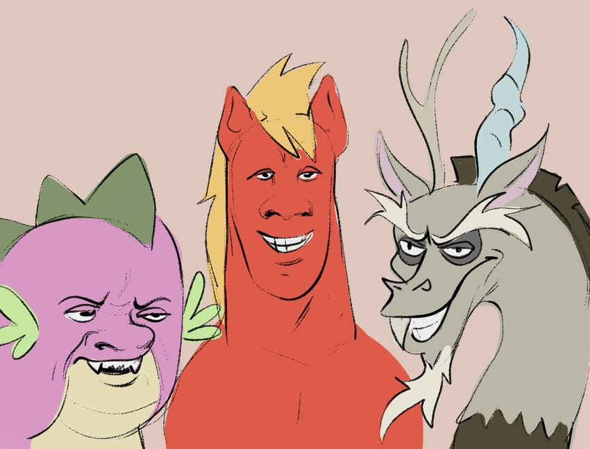 antlers beard blonde_hair blonde_mane brown_body ear_fins eyebrows facial_hair fangs feral fin green_body grey_body grey_hair grey_mane grin group hair horn humor male mane purple_body red_body sharp_teeth simple_background smile spikes teeth trio mrfuga friendship_is_magic hasbro me_and_the_boys my_little_pony mythology big_macintosh_(mlp) discord_(mlp) spike_(mlp) chimera draconequus dragon earth_pony equid equine horse mammal mythological_creature mythological_scalie pony scalie 2023 digital_media_(artwork) meme