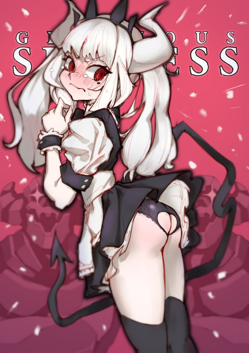 blush butt clothing dress female legwear not_furry panties red_eyes solo spade_tail tail thigh_highs underwear penguru_086 helltaker lucifer_(helltaker) demon demon_humanoid humanoid absurd_res hi_res