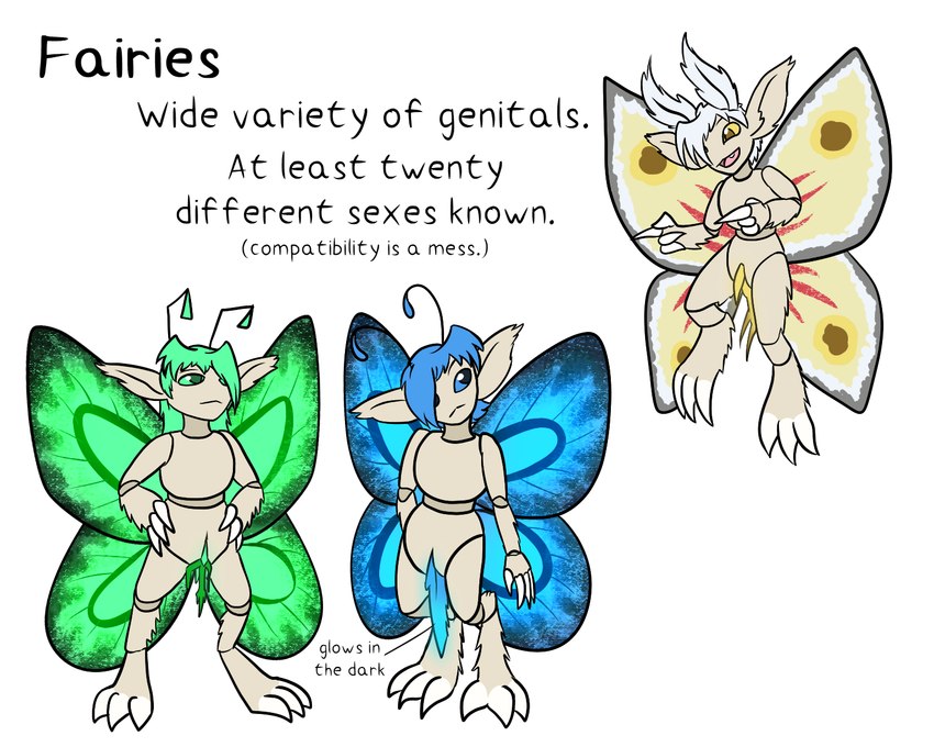 ambiguous_gender annotated antennae_(anatomy) blue_hair claws diagram finger_claws genitals glowing glowing_genitalia green_hair group hair insect_wings lepidopteran_wings long_ears lore schematic segmented_body text toe_claws trio unusual_anatomy unusual_genitalia wings worldbuilding sandentwins slightly_damned duster_(slightly_damned) eve_(slightly_damned) willow_(slightly_damned) fairy humanoid 5:4 english_text hi_res