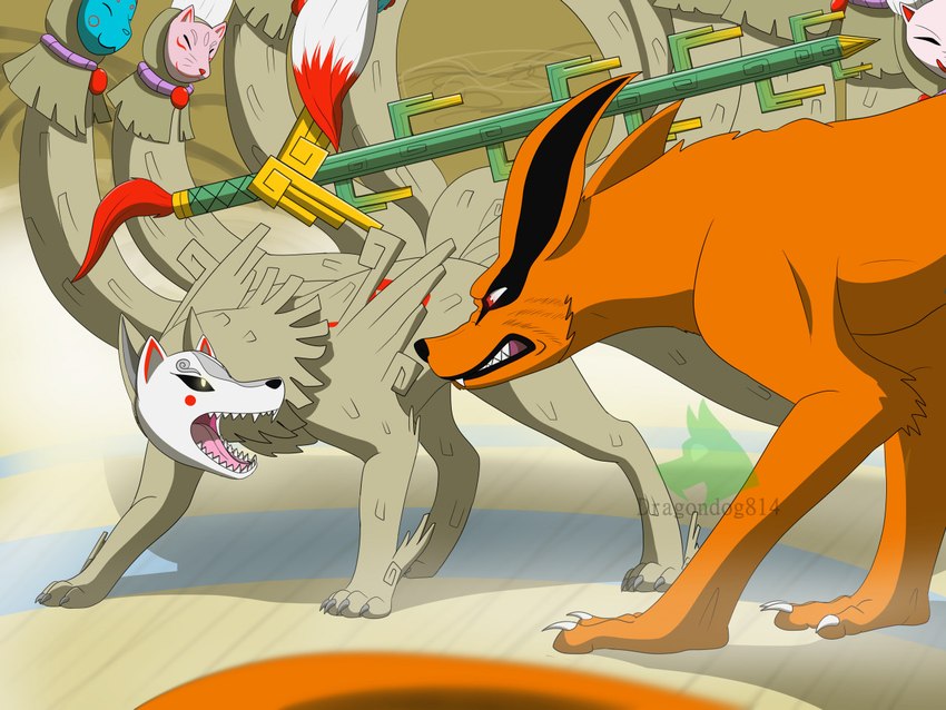 ambiguous_gender duo feral intersex intersex/male male melee_weapon seven-branched_sword sword weapon dragonlover814 capcom clover_studio naruto okami_(capcom) kurama ninetails_(okami) canid canine deity fox mammal 4:3 crossover