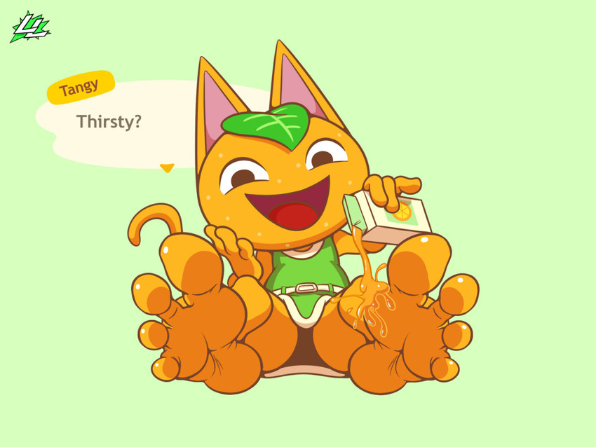 4_toes anthro barefoot beverage feet female foot_fetish humanoid_feet juice_(beverage) looking_at_viewer open_mouth orange_juice plantigrade soles solo text toes lazzylad animal_crossing nintendo tangy_(animal_crossing) domestic_cat felid feline felis mammal 4:3