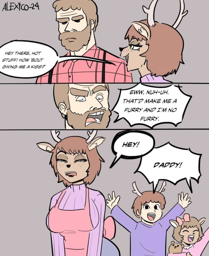 anthro beard big_breasts breasts brown_body brown_hair clothed clothing dialogue facial_hair family female freckles group hair humor lumberjack male male/female simple_background text thecooleralexico_(artist) deer human hybrid mammal comic english_text hi_res signature translated