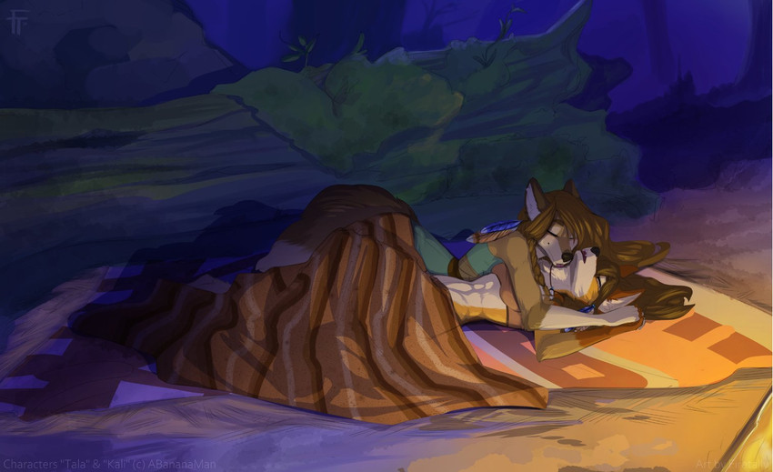 abs anthro beach blush bottomless bra breasts clothed clothing cuddling detailed_background discarded_clothing duo female forest licking lying night on_back outside plant seaside sleeping tongue tongue_out tree underwear firetally kaliska_(abananaman) tala_(abananaman) canid canine canis coyote fox mammal wolf 2020 digital_media_(artwork)