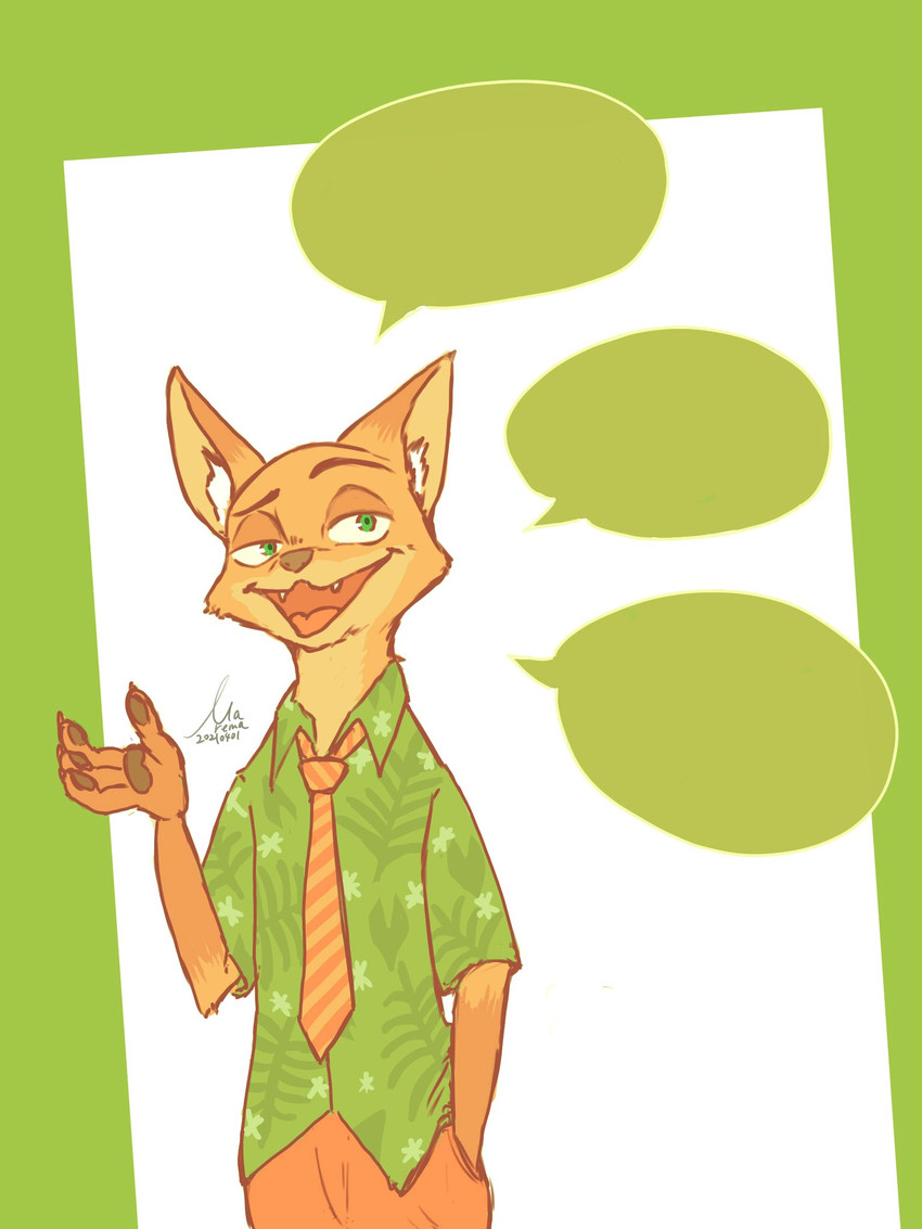 4_fingers anthro clothed clothing fingers fully_clothed fur green_background green_eyes male simple_background solo white_background marema_kishin disney zootopia nick_wilde canid canine fox mammal red_fox true_fox 2021 3:4 hi_res