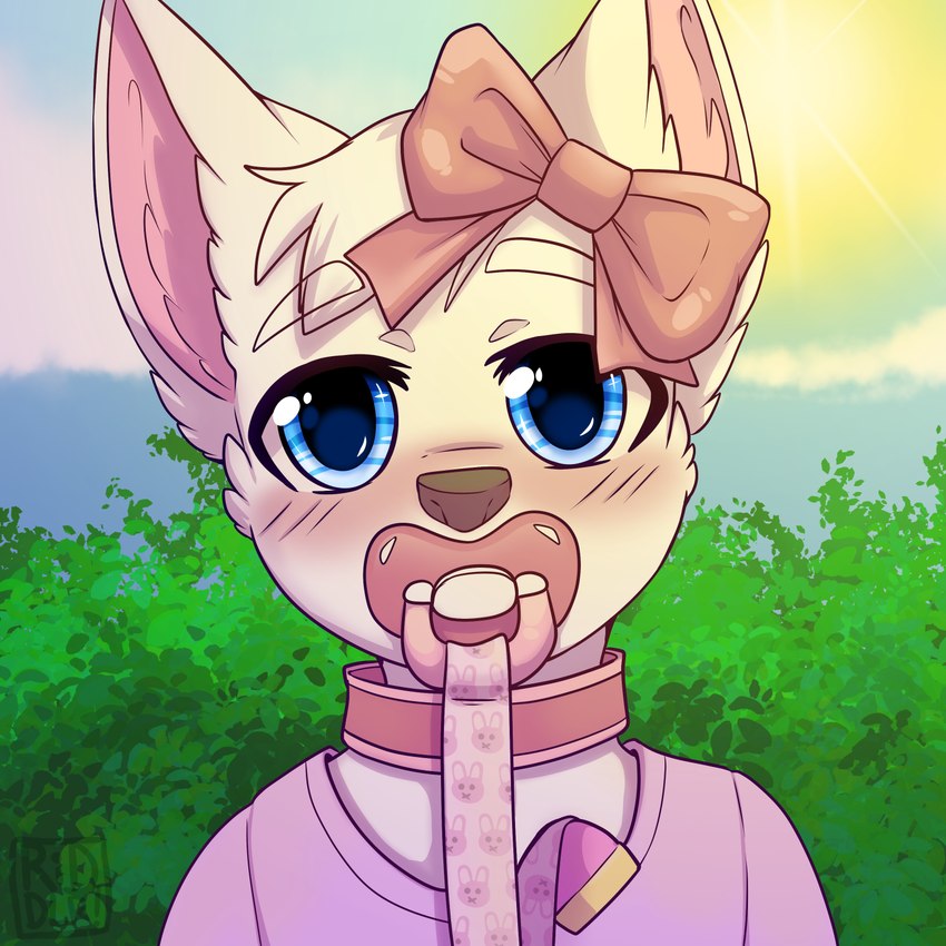 ambiguous_gender anthro blue_eyes blue_sky blush clothed clothing cloud day front_view fur glistening glistening_eyes looking_at_viewer object_in_mouth outside pacifier pacifier_in_mouth pink_clothing pink_topwear plant shrub sky solo tan_body tan_fur topwear young young_ambiguous young_anthro riddlr canid canine mammal 1:1 hi_res