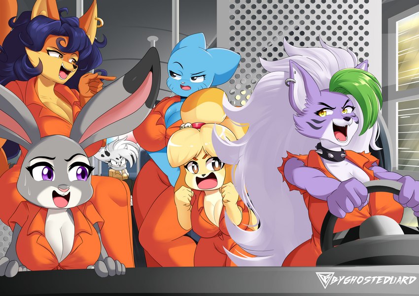 angry anthro big_breasts blue_body breasts car collar detailed_background dialogue female grey_body group inside_car inside_vehicle motor_vehicle orange_body orange_skin prison_uniform purple_body purple_eyes smile vehicle yellow_eyes byghosteduard animal_crossing cartoon_network disney five_nights_at_freddy's five_nights_at_freddy's:_security_breach nintendo scottgames sly_cooper_(series) sony_corporation sony_interactive_entertainment steel_wool_studios sucker_punch_productions the_amazing_world_of_gumball zootopia carmelita_fox isabelle_(animal_crossing) judy_hopps nicole_watterson roxanne_wolf canid canine canis domestic_cat domestic_dog felid feline felis fox lagomorph leporid mammal rabbit wolf 2023 absurd_res crossover digital_media_(artwork) hi_res