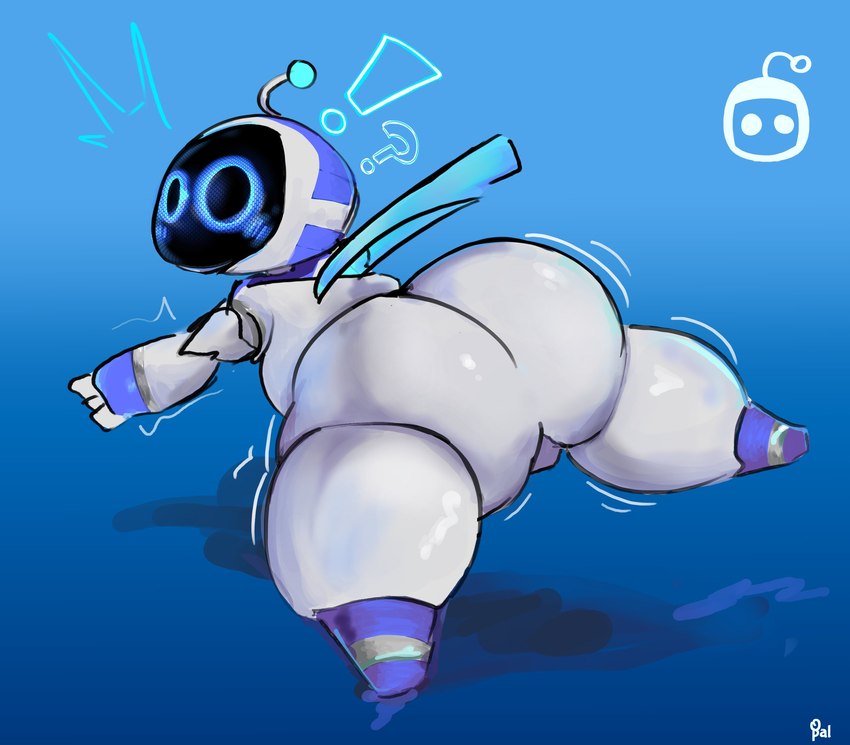 ?! antennae_(anatomy) big_butt blue_background blue_eyes blush butt cape cape_only clothing huge_butt machine male mostly_nude motion_lines not_furry nude screen screen_face simple_background solo teapot_(body_type) thick_thighs white_body wide_hips opalniko astro_bot_(series) sony_corporation sony_interactive_entertainment astro_(astro_bot) humanoid robot robot_humanoid 2024 digital_media_(artwork) hi_res