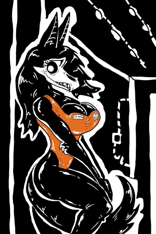 anthro big_breasts black_sclera breasts butt cleavage clothed clothing female hair inside latex leaning leaning_backward leaning_on_self long_hair looking_aside looking_at_viewer one-piece_swimsuit orange_clothing pose prison_uniform prisoner side_view skimpy smile solo swimwear thick_thighs tight_clothing dzemon scp_foundation scp-1471-a canid canine demon malo mammal hi_res