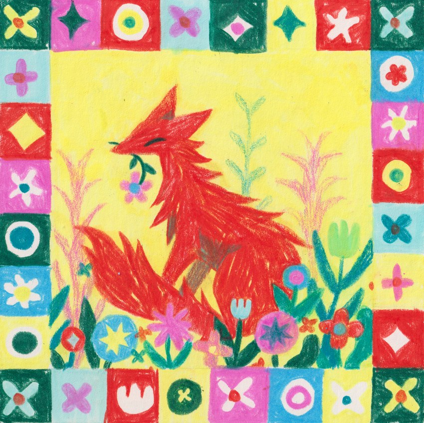 ambiguous_gender button_(fastener) eyes_closed feral flower fur holding_flower holding_object holding_object_in_mouth pink_flower plant red_body red_fur simple_background sitting solo tail yellow_background snackpony canid canine fox mammal colored_pencil_(artwork) hi_res marker_(artwork) traditional_media_(artwork)