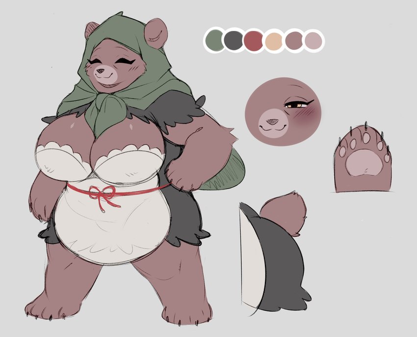 anthro biped blush blush_lines breasts brown_body butt cleavage clothed clothing eyes_closed female front_view pawpads paws smile solo anotherbearsimp mama_mellow_(anotherbearsimp) bear mammal hi_res model_sheet