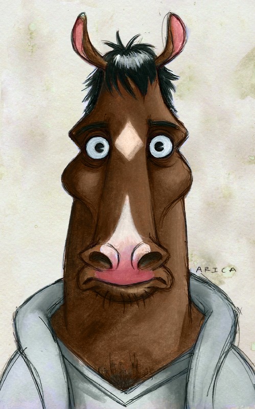 anthro clothed clothing looking_at_viewer male solo arica_tuesday_(artist) bojack_horseman netflix bojack_horseman_(character) equid equine horse mammal 2014 bust_portrait hi_res portrait traditional_media_(artwork)