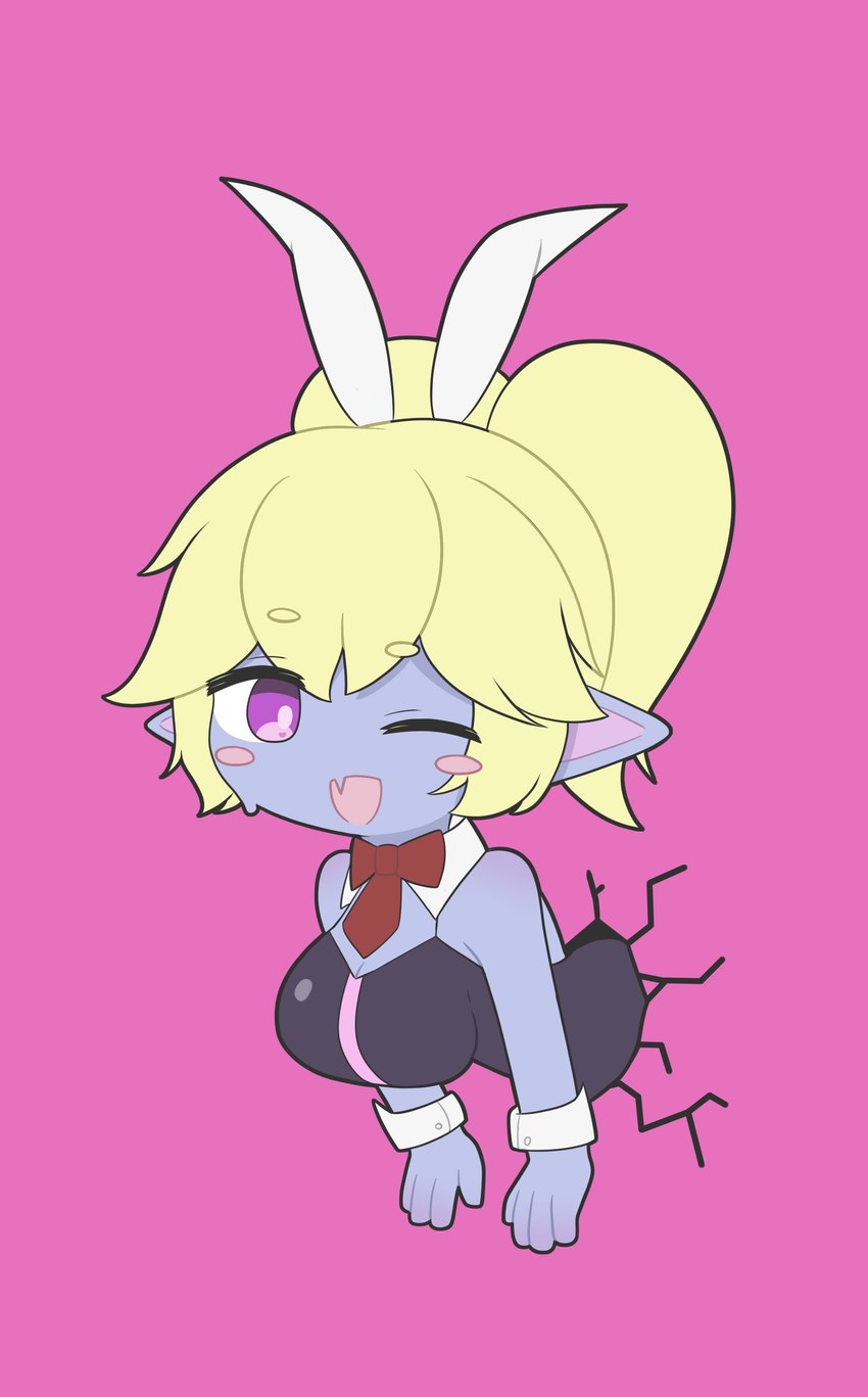 big_breasts black_corset blonde_eyebrows blonde_hair blue_body blush breasts bunny_costume clothing corset costume cracks eyebrow_through_hair eyebrows fake_ears fake_rabbit_ears female hair humanoid_pointy_ears lingerie looking_at_viewer necktie one_eye_closed open_mouth pigtails pink_background pointy_ears purple_eyes red_necktie simple_background solo through_wall topwear translucent translucent_hair wink winking_at_viewer digeldickerson deco_27_(producer) league_of_legends rabbit_hole_(deco_27) riot_games tencent poppy_(lol) humanoid yordle 2024 absurd_res hi_res