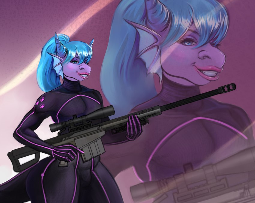 anthro assassin barrett_m82a1 big_butt blowup_background bodysuit bulge butt clothed clothing eyeshadow femboy gun hair horn huge_thighs lips lipstick looking_at_viewer makeup male ranged_weapon simple_background skinsuit smile solo stealth_suit tail thick_lips thick_thighs tight_clothing weapon wide_hips danelaxy_(artist) mythology dev_(deminothedragon) dragon mythological_creature mythological_scalie scalie absurd_res digital_media_(artwork) hi_res