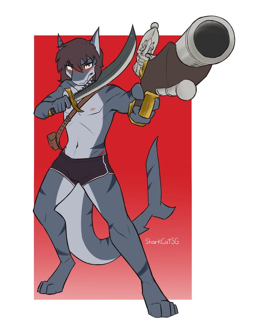 anthro athletic_wear blush bottomwear bulge clothing crossgender flintlock gym_bottomwear gym_shorts male melee_weapon pirate pointing_gun shorts solo sword thong_straps weapon sharkcatsg captain_sharkbait fish marine shark hi_res