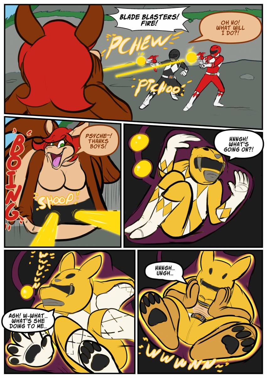 anthro anthro_transformation female female_prey forced forced_transformation fur group hair male pouch_(anatomy) pouch_play red_hair sound_effects speech_bubble tail text transformation vore yellow_body yellow_fur puca-puca power_rangers black_ranger red_ranger yellow_ranger humanoid kangaroo macropod mammal marsupial comic english_text hi_res