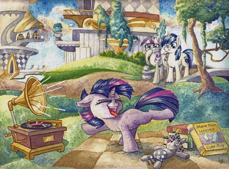 book canterlot dancing detailed_background doll female feral gramophone group horn male outside plushie record_player young the-wizard-of-art friendship_is_magic hasbro my_little_pony mythology shining_armor_(mlp) smartypants_(mlp) twilight_sparkle_(mlp) twilight_velvet_(mlp) equid equine mammal mythological_creature mythological_equine unicorn 2016 traditional_media_(artwork)