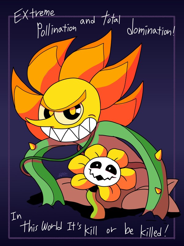 duo flower male not_furry plant pointy_nose smile spikes teeth text toony vines neonkalistar cuphead_(game) undertale undertale_(series) cagney_carnation flowey_the_flower elemental_creature flora_fauna flower_creature 2017 3:4 absurd_res crossover english_text hi_res signature