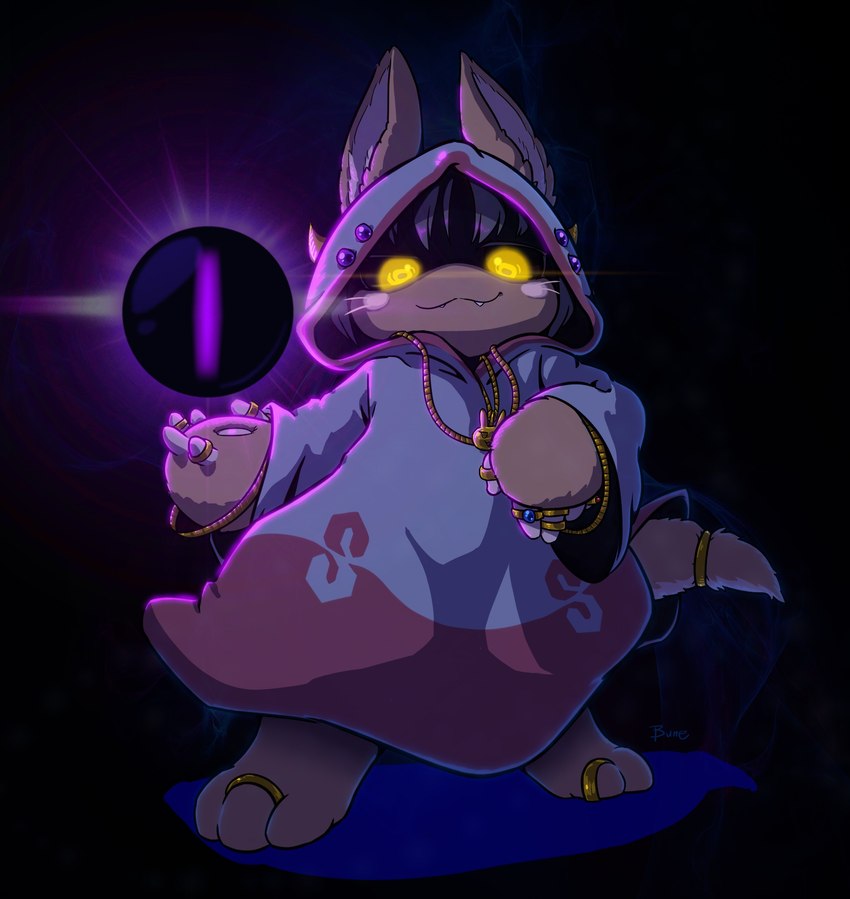 ambiguous_gender anthro cloak clothing digit_ring feet fur furgonomic_headwear furgonomic_hood furgonomics glowing glowing_eyes jewelry magic necklace orb paws ring simple_background smug_grin solo tail tail_clothing tail_sleeve tan_body tan_fur toe_ring toes buneposter made_in_abyss nanachi narehate absurd_res digital_media_(artwork) hi_res