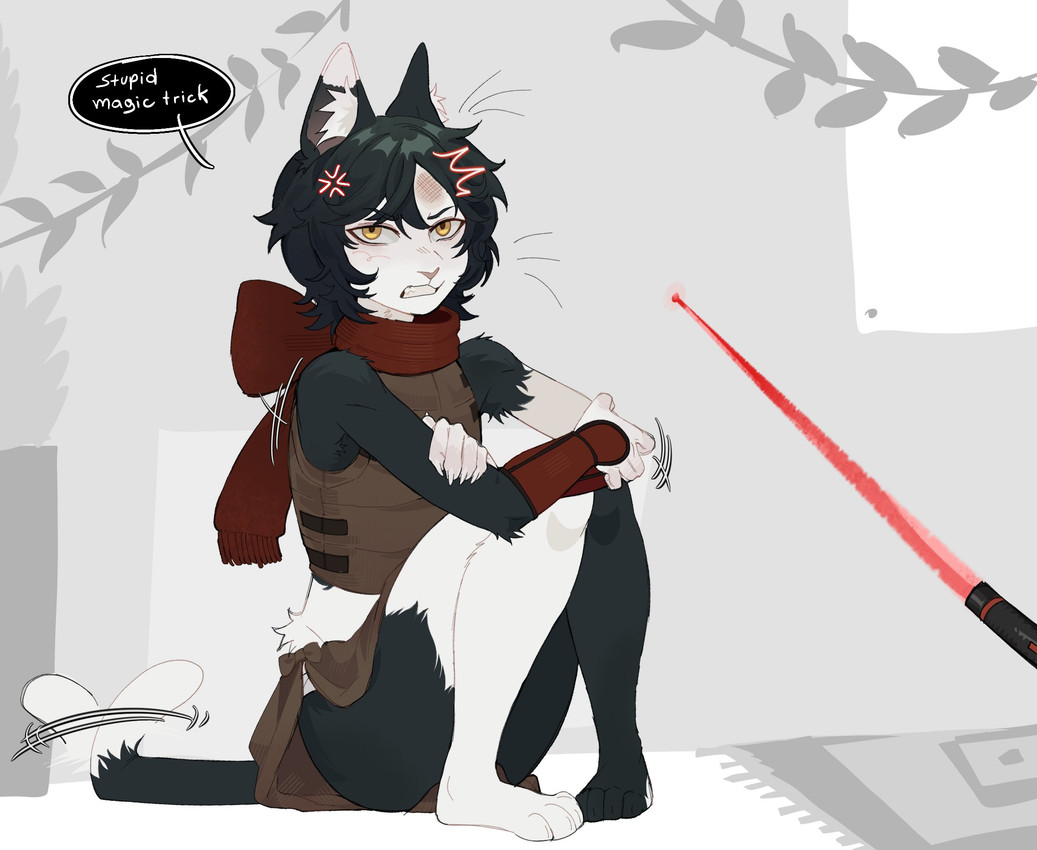 4_toes 5_fingers anthro biped black_body black_fur black_hair black_tail butt claws clenched_teeth clothed clothed_anthro clothed_female clothing dialogue feet female finger_claws fingers front_view fur hair inner_ear_fluff inside laser laser_pointer looking_at_viewer sitting solo speech_bubble tail teeth text toe_claws toes tuft raccoattack delicious_in_dungeon izutsumi_(delicious_in_dungeon) domestic_cat felid feline felis mammal 2026 digital_drawing_(artwork) digital_media_(artwork) english_text hi_res