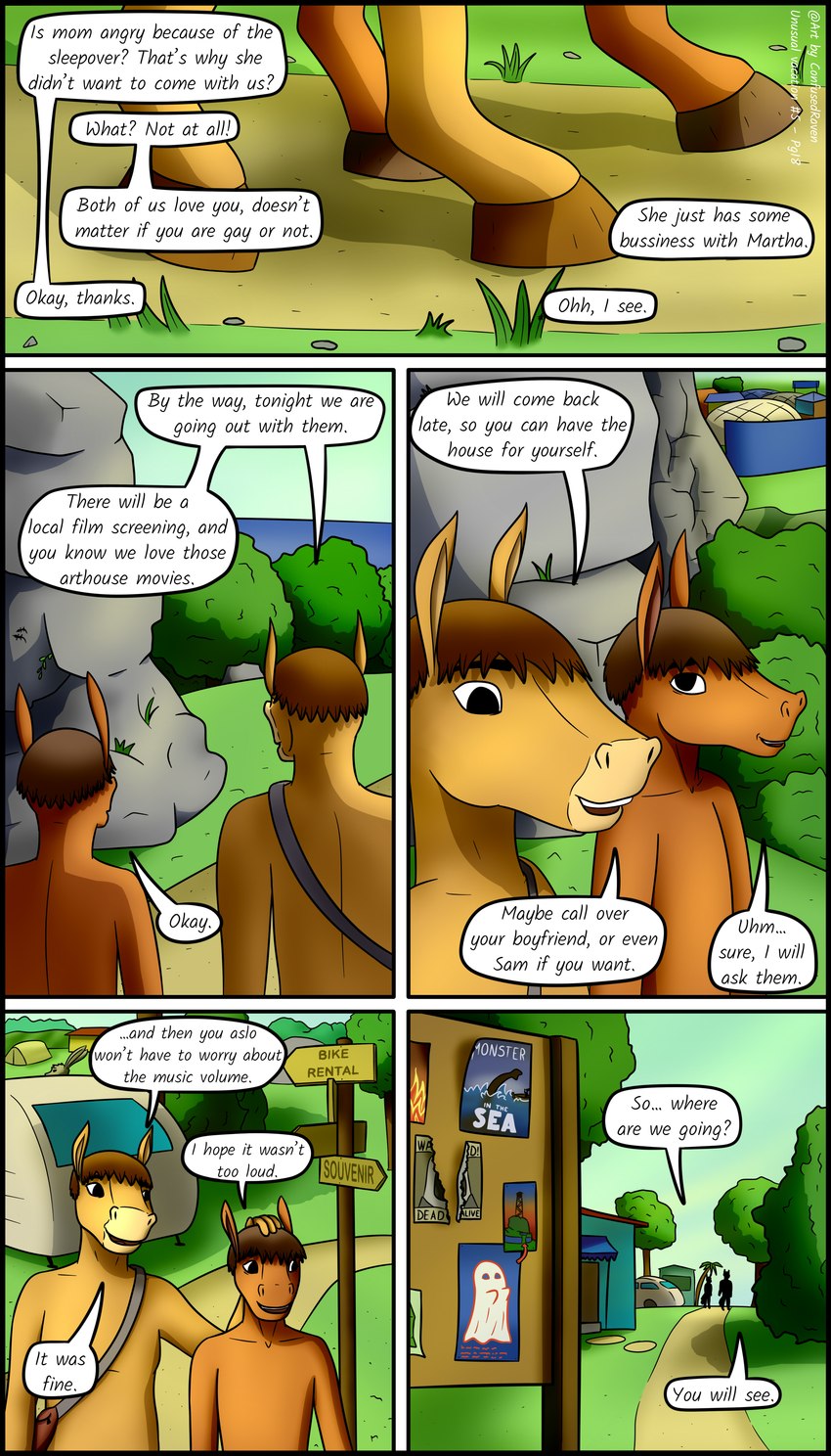 adolescent anthro casual_nudity dialogue duo male nudist outdoor_nudity public social_nudity text young young_anthro young_male confusedraven dave_(confusedraven) equid equine horse mammal 4:7 absurd_res comic english_text hi_res father_(lore) parent_(lore) son_(lore)