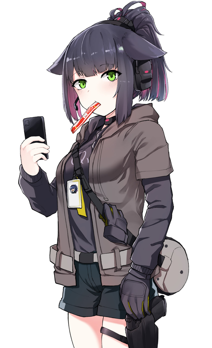 animal_ears black_hair blush bottomwear breasts cat_food cellphone choker clothing ears_down eating eating_food electronics female gloves green_eyes gun hair handgun handwear headgear headphones headset holding_cellphone holding_object holding_phone holding_smartphone holster holstered_pistol id_card id_tag jacket jewelry long_sleeve_shirt looking_at_viewer medium_breasts necklace object_in_mouth pet_food phone pistol pivoted_ears ranged_weapon shirt shorts simple_background smartphone solo topwear weapon white_background kongthegrain arknights hypergryph studio_montagne jessica_(arknights) animal_humanoid cat_humanoid felid felid_humanoid feline feline_humanoid humanoid mammal mammal_humanoid 2020 hi_res