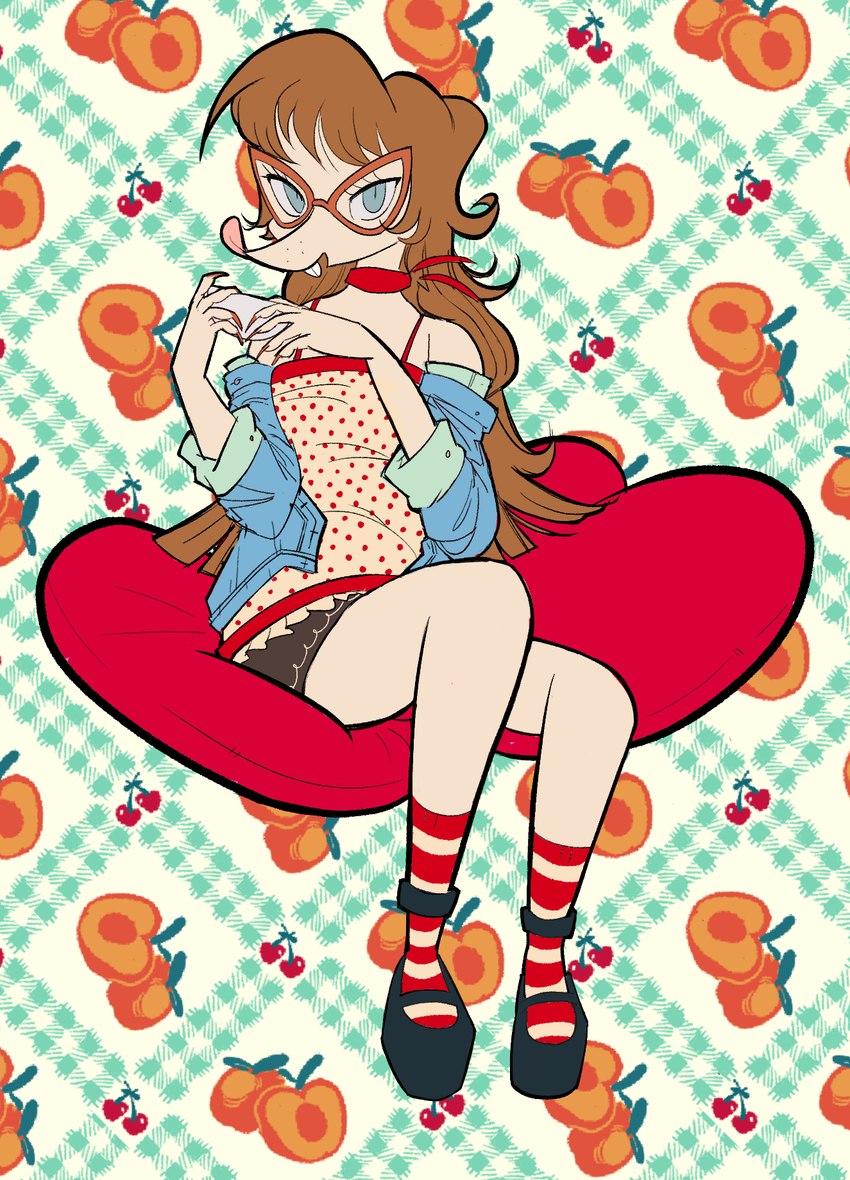 anthro apricot_(fruit) bangs black_bottomwear black_clothing black_footwear black_shoes blue_clothing blue_eyes blue_jacket blue_outerwear blue_topwear bottomwear breasts brown_hair buckteeth cat_eye_glasses cherry clothed clothing colored_nails crew_socks eyelashes eyewear female food footwear fruit fur glasses hair holding_object jacket kerchief legwear long_hair long_nails looking_at_viewer miniskirt nails off_shoulder open_mouth orange_eyewear orange_glasses pattern_clothing pattern_footwear pattern_legwear pattern_socks pink_nose plant polka_dots red_kerchief red_nails sitting skinny skirt small_breasts socks solo spagetti_straps striped_clothing striped_footwear striped_socks stripes tan_body tan_fur teeth topwear white_sclera dedecattz canid canine canis domestic_dog mammal digital_media_(artwork) full-length_portrait hi_res portrait