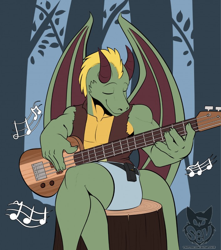 anthro bass_guitar biped blonde_hair brown_clothing clothed clothing eyes_closed green_body guitar hair horn male music musical_instrument musical_note musical_symbol plant playing_bass playing_music plucked_string_instrument sitting solo string_instrument symbol tail topwear tree vest wings yellow_body batartcave mythology dragon mythological_creature mythological_scalie scalie absurd_res hi_res