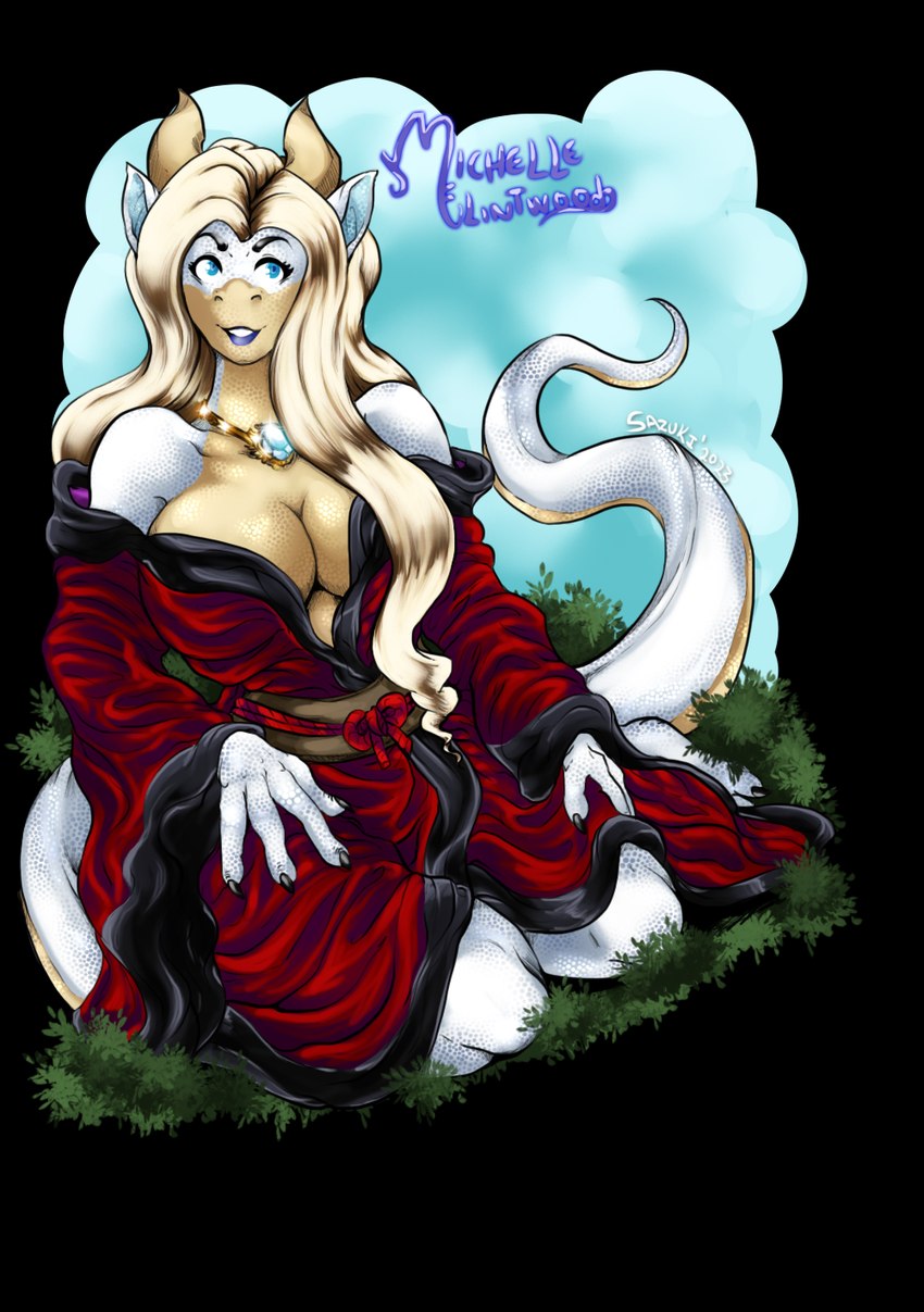 anthro asian_clothing big_breasts breasts clothing east_asian_clothing female geisha hair horn japanese_clothing kimono long_hair non-mammal_breasts smile solo thick_thighs wide_hips saxz alpha_channel hi_res