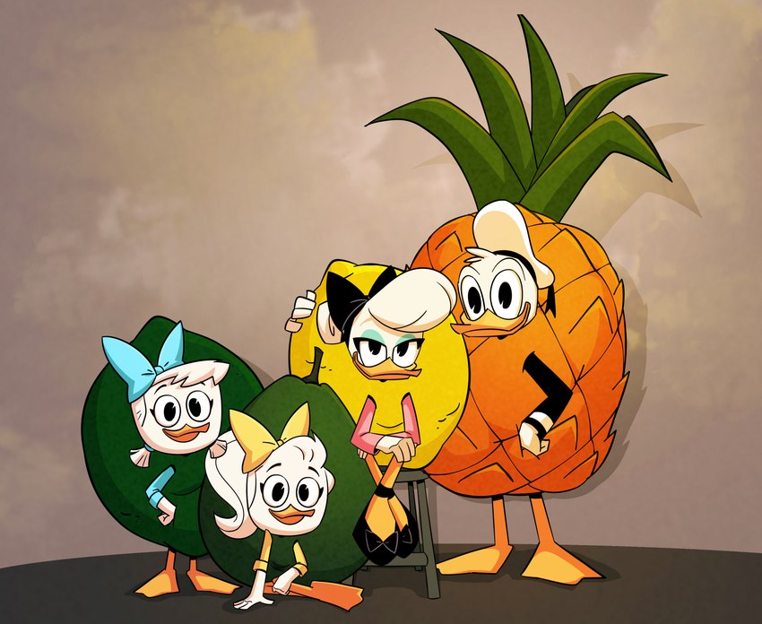 anthro avocado avocado_costume clothing costume female food food_costume fruit group lemon lemon_costume lime lime_costume male pineapple pineapple_costume plant khionyohannmendoza disney daisy_duck donald_duck june_duck may_duck anatid anseriform avian bird duck absurd_res hi_res