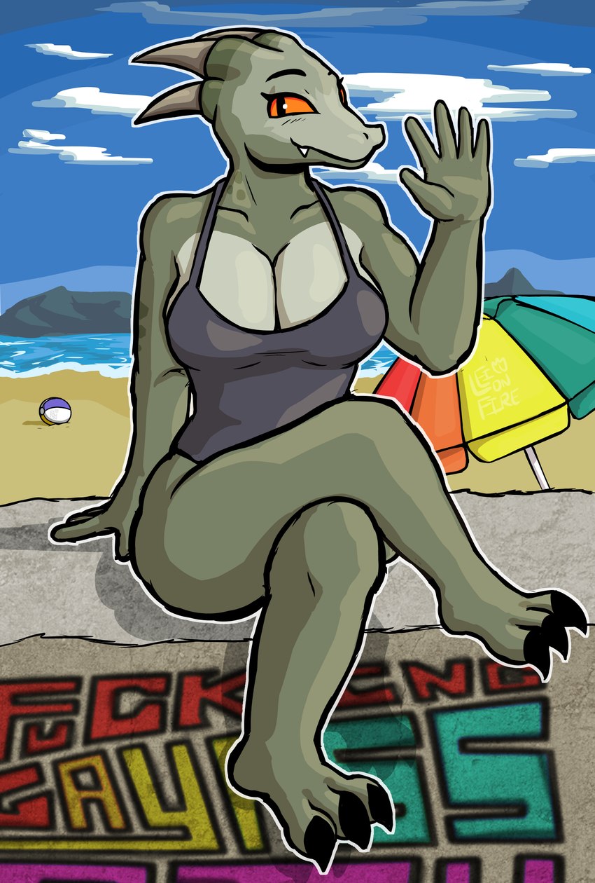 anthro ball beach beach_ball beach_umbrella breasts claws clothing female graffiti horn inflatable non-mammal_breasts one-piece_swimsuit parasol sand swimwear toe_claws leionfire reptile scalie absurd_res hi_res