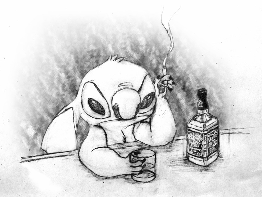 4_fingers alcohol beverage chest_tuft cigarette claws counter ears_down fingers fur head_tuft male notched_ear pivoted_ears semi-anthro solo tuft dcpip disney jack_daniel's lilo_and_stitch stitch_(lilo_and_stitch) alien experiment_(lilo_and_stitch) 2010 graphite_(artwork) greyscale monochrome traditional_media_(artwork)