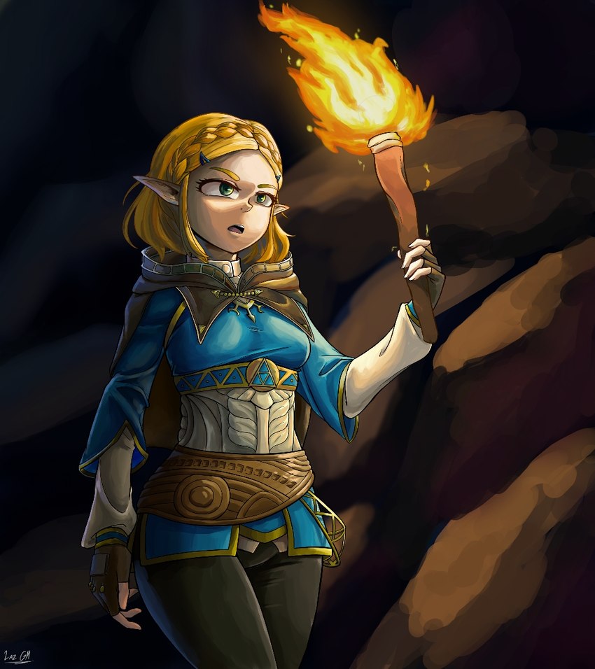 5_fingers blonde_hair breasts cave clothing female fingers fire green_eyes hair holding_object humanoid_pointy_ears not_furry open_mouth pointy_ears rock solo torch gm_laz nintendo the_legend_of_zelda princess_zelda humanoid hylian 2020 signature