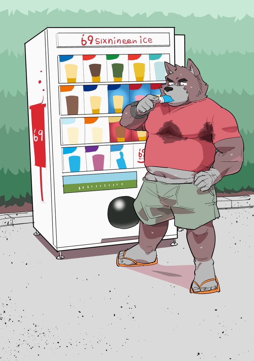 anthro bodily_fluids bottomwear bulge clothing detailed_background eating flip_flops footwear humanoid_hands kemono male outside sandals shirt shoes shorts slightly_chubby solo sweat topwear vending_machine ujishiyo canid canine canis domestic_dog mammal 2022 absurd_res hi_res