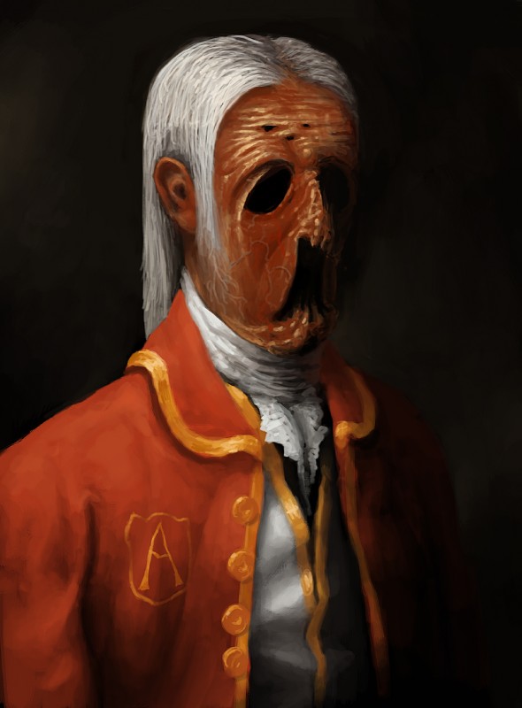 clothing coat hair male nightmare_fuel not_furry painting scarf solo topwear what white_hair unknown_artist amnesia:_the_dark_descent alexander_brennenburg baron human humanoid mammal monster monstrous_humanoid 2010 half-length_portrait hi_res official_art portrait