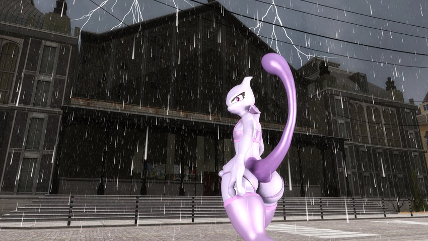 anthro bubble_butt butt city_17 light male raining solo thunder train_station skelefoxdesign nintendo pokemon generation_1_pokemon legendary_pokemon mewtwo pokemon_(species) 16:9 4k absurd_res hi_res lighting widescreen